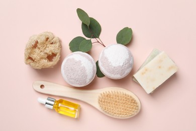 Photo of Flat lay composition with bath bombs on beige background