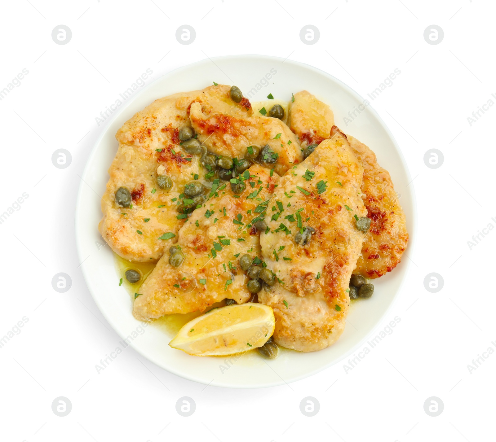 Photo of Delicious chicken piccata with herbs isolated on white, top view