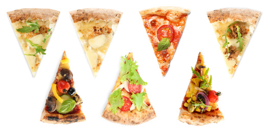 Image of Set with slices of different pizzas on white background, top view. Banner design