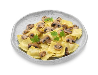 Photo of Delicious ravioli with mushrooms isolated on white