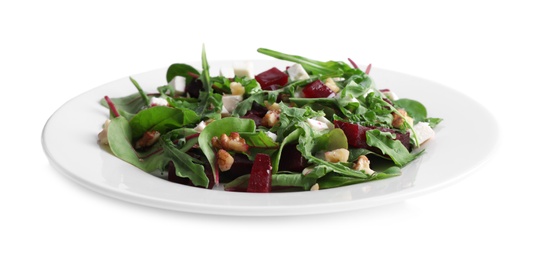 Delicious beet salad with feta cheese and walnuts isolated on white