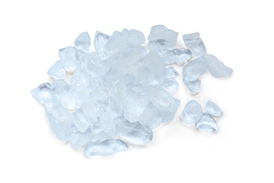 Heap of crushed ice on white background, top view