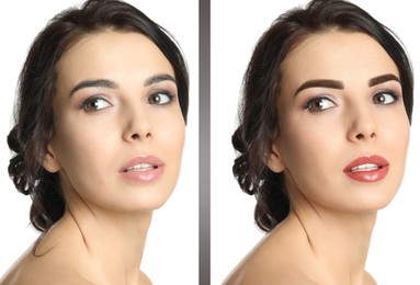 Image of Beautiful young woman before and after permanent makeup on white background, collage