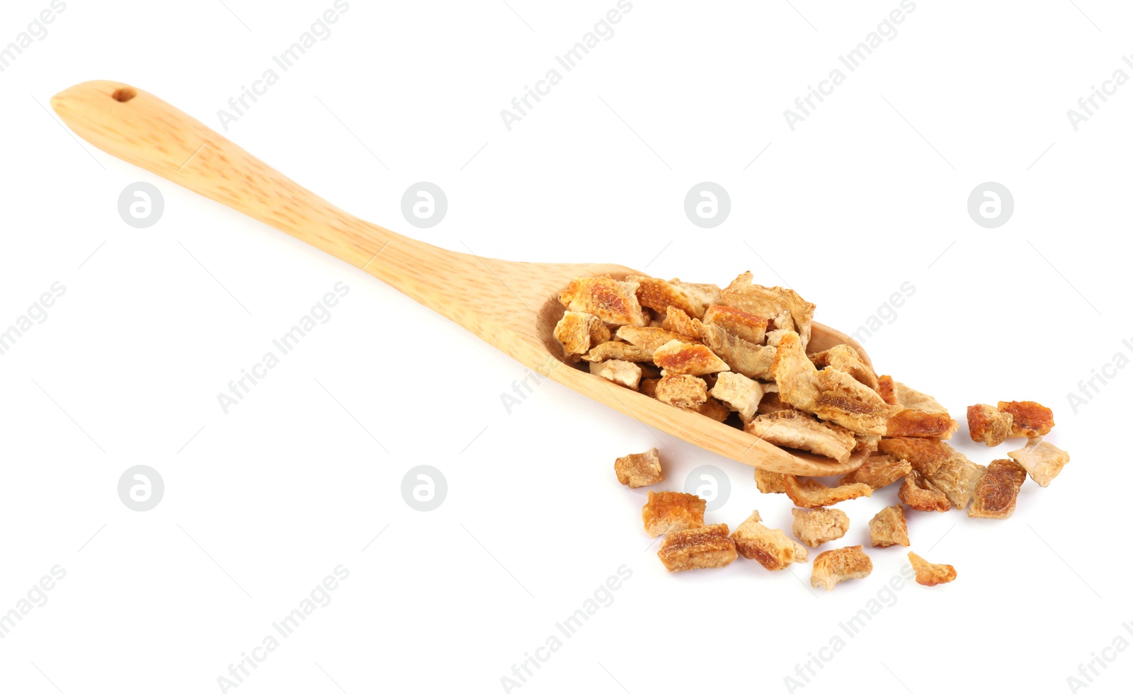 Photo of Scoop with dried orange zest seasoning isolated on white