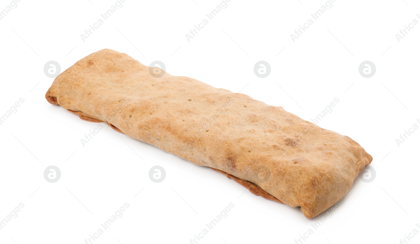 Photo of Delicious strudel with tasty filling isolated on white