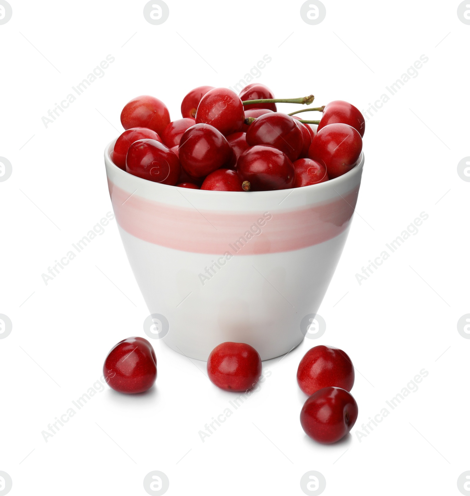 Photo of Bowl with sweet red cherries on white background