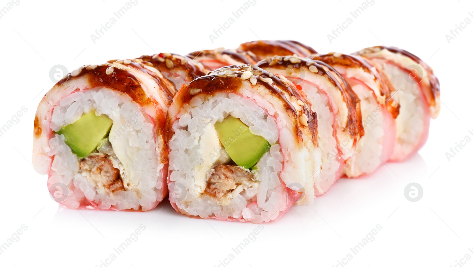 Photo of Delicious fresh sushi rolls with shrimp on white background