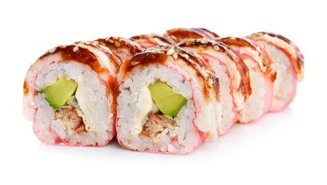 Delicious fresh sushi rolls with shrimp on white background