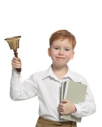 Photo of Pupil with school bell and books on white background