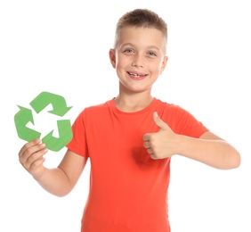 Boy with recycling symbol on white background