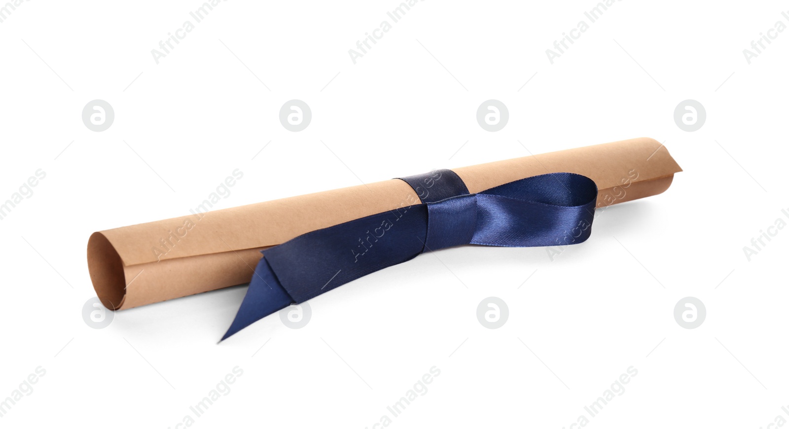 Photo of Rolled student's diploma with blue ribbon isolated on white