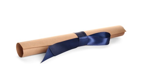Rolled student's diploma with blue ribbon isolated on white