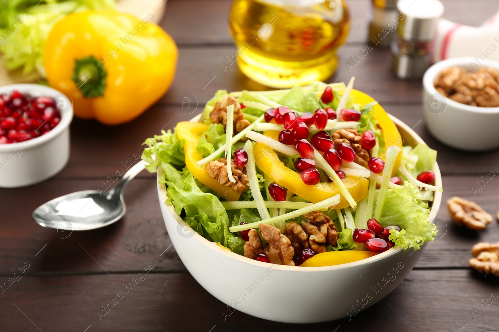 Photo of Delicious fresh celery salad on wooden table, closeup