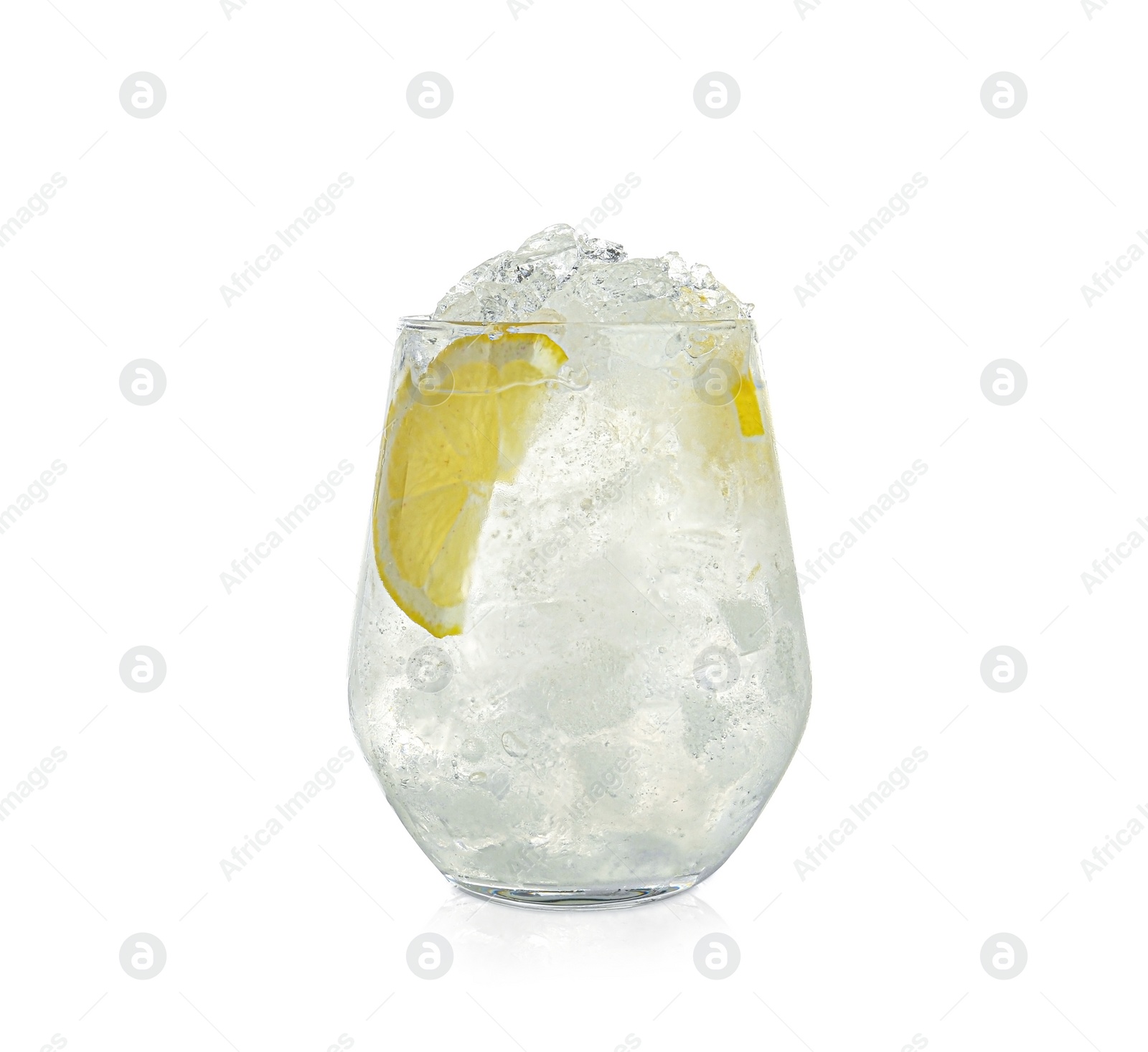 Photo of Water with ice cubes and lemon isolated on white
