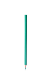 Turquoise wooden pencil on white background. School stationery