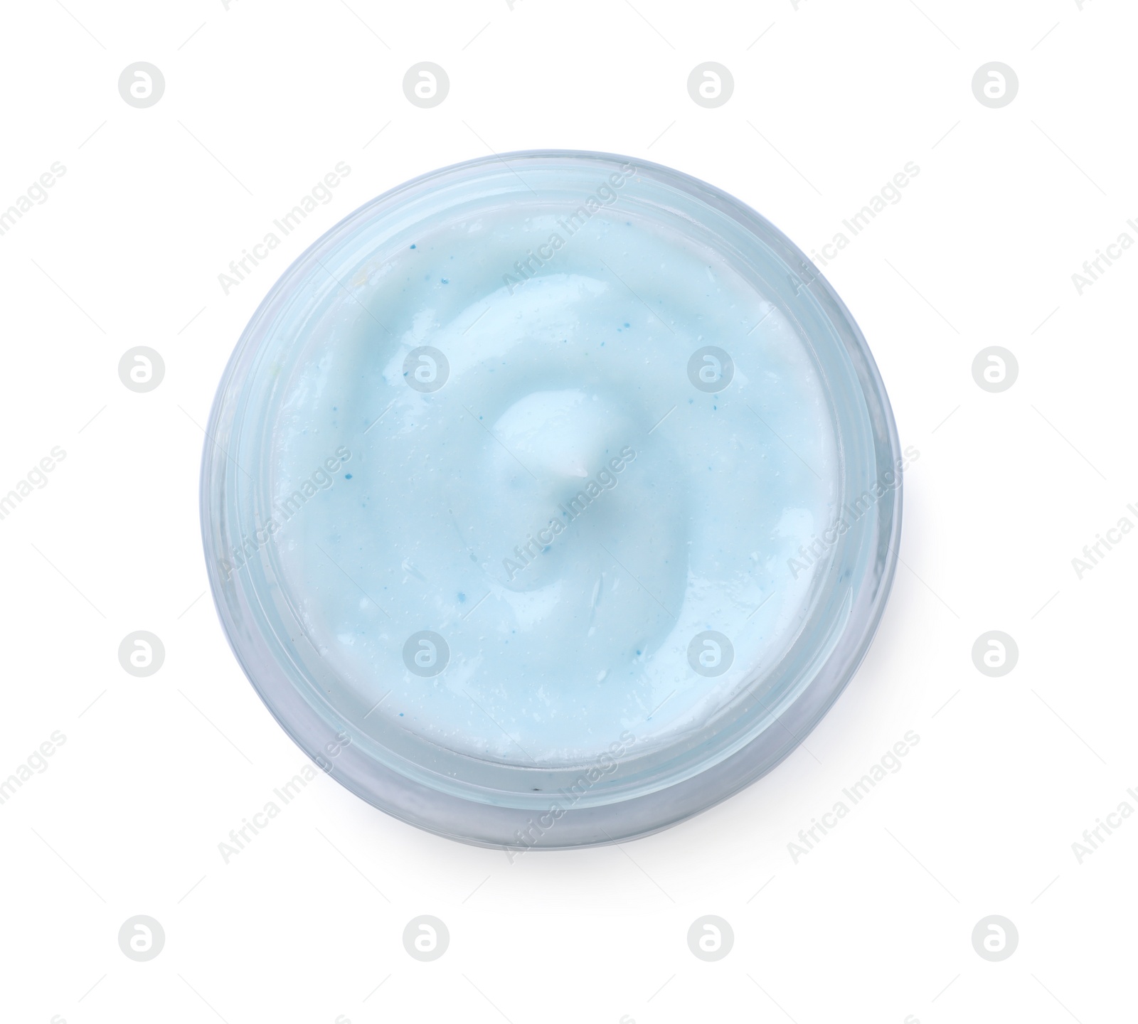 Photo of Jar of body cream isolated on white, top view