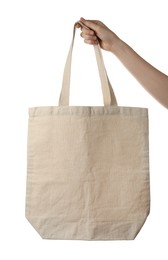 Photo of Woman holding eco friendly bag on white background, closeup. Conscious consumption