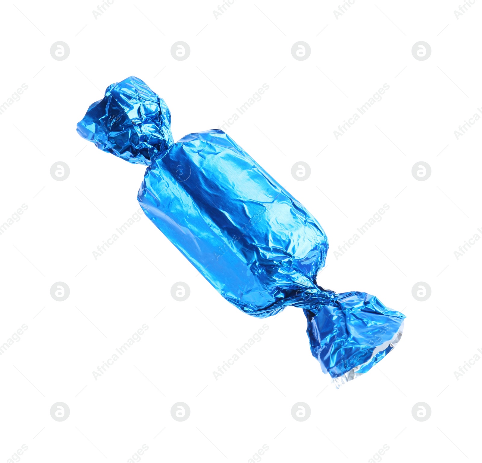 Photo of Tasty candy in light blue wrapper isolated on white