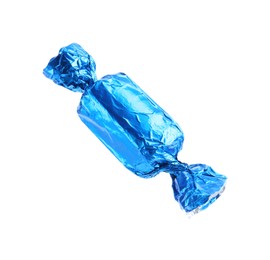 Tasty candy in light blue wrapper isolated on white