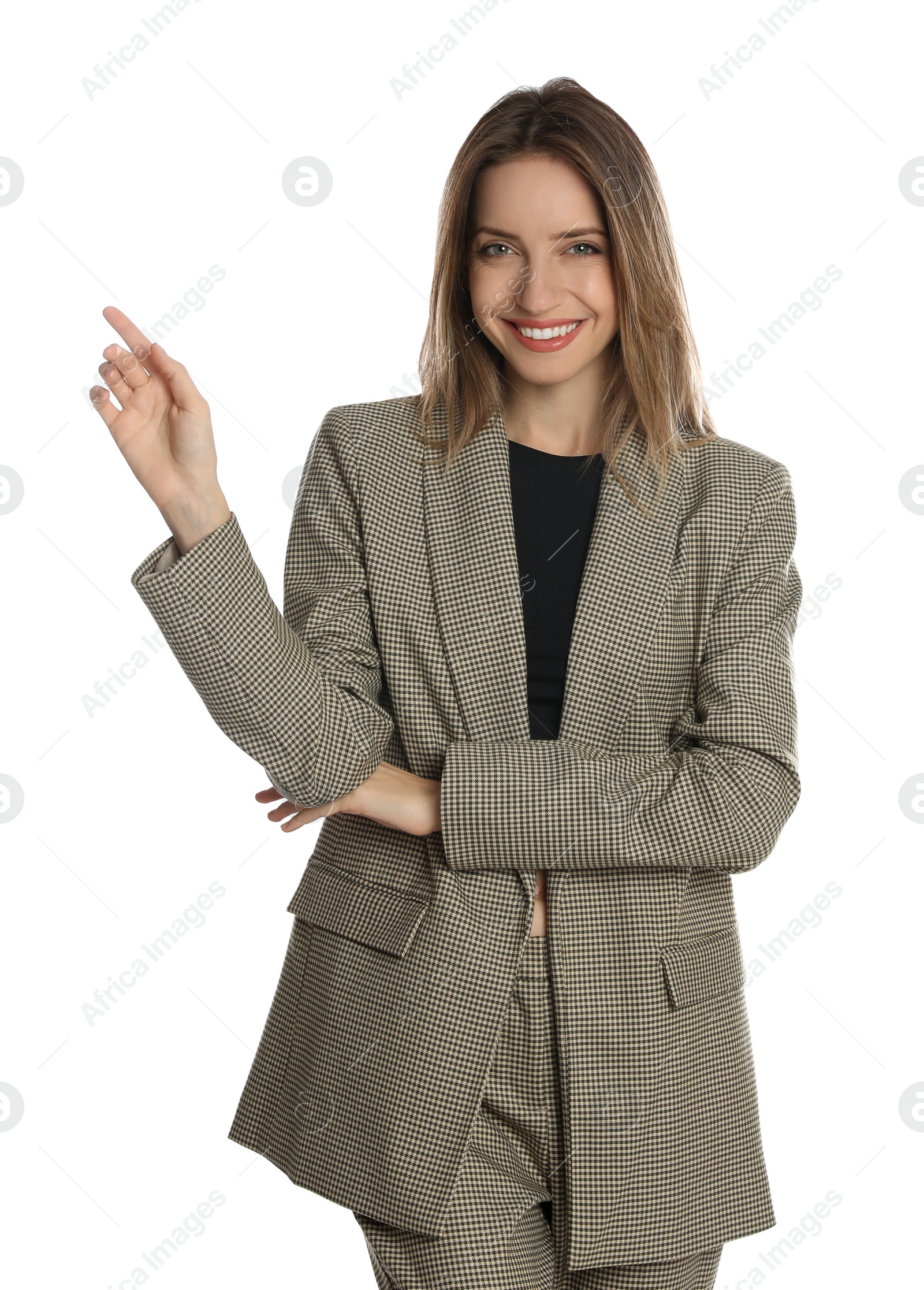 Photo of Portrait of beautiful young woman in fashionable suit on white background. Business attire