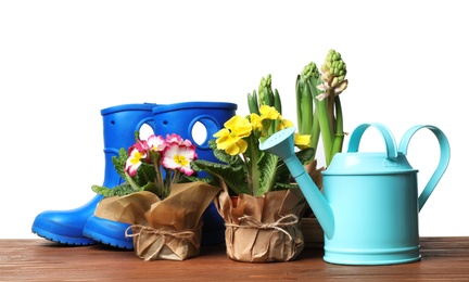 Photo of Composition with plants and gardening tools on table against white background