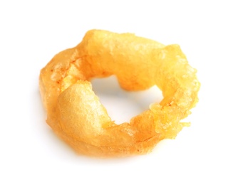 Photo of Delicious golden breaded and deep fried crispy onion ring on white background