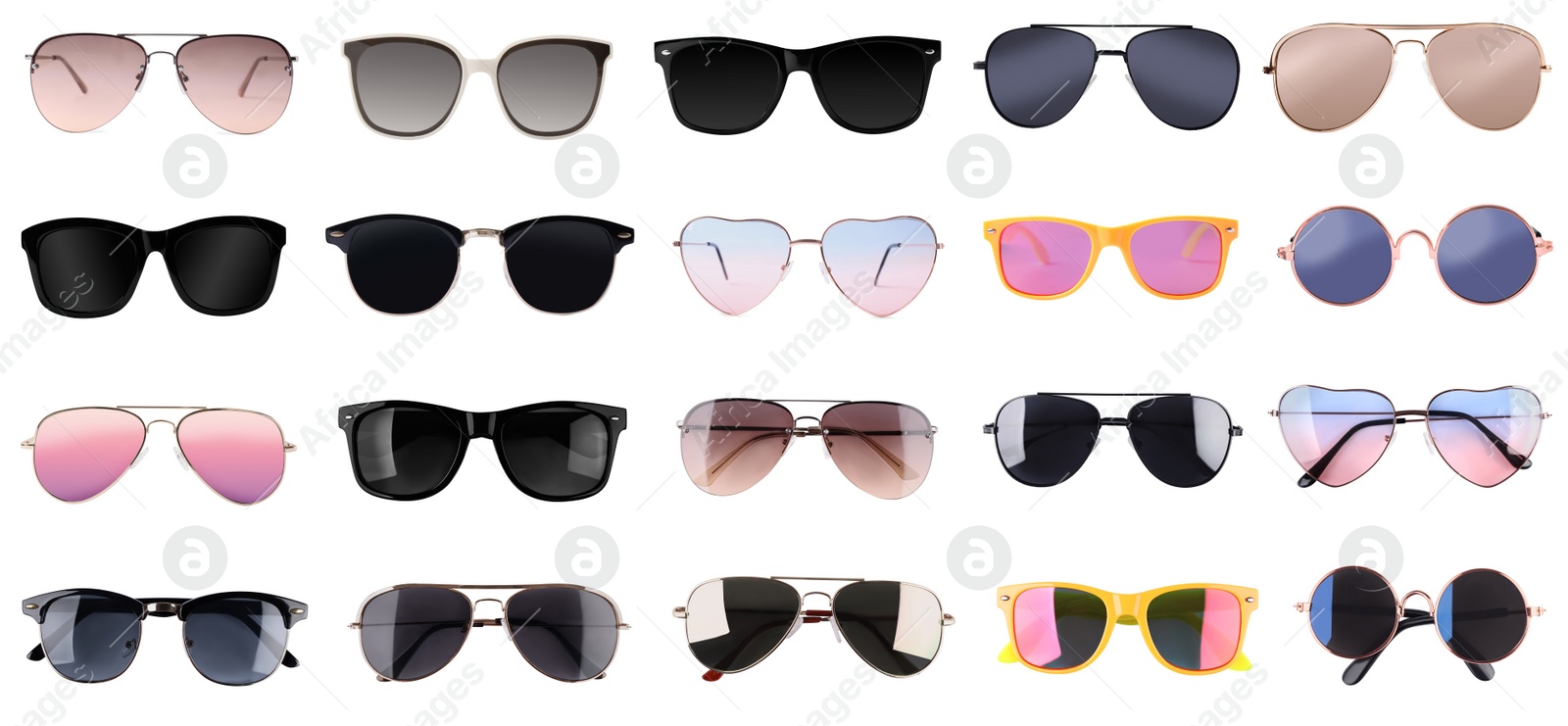 Image of Set with different stylish sunglasses on white background. Banner design