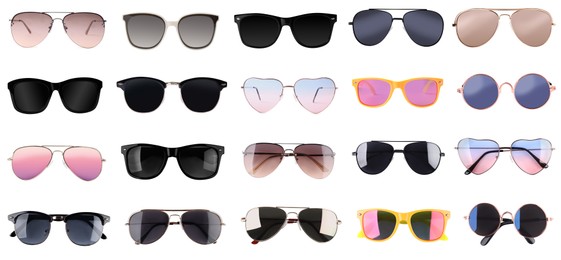 Image of Set with different stylish sunglasses on white background. Banner design
