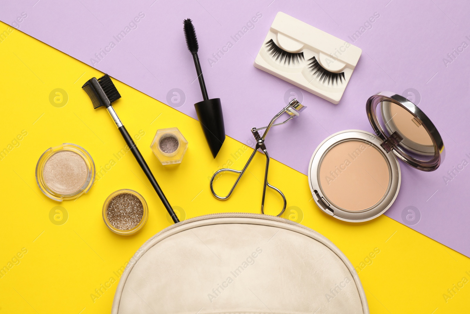 Photo of Flat lay composition with eyelash curler, makeup products and accessories on color background