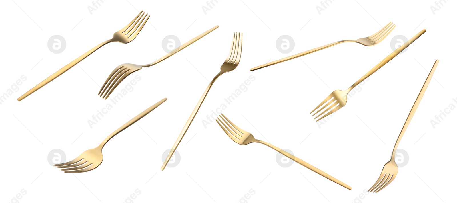 Image of Shiny golden forks isolated on white, set