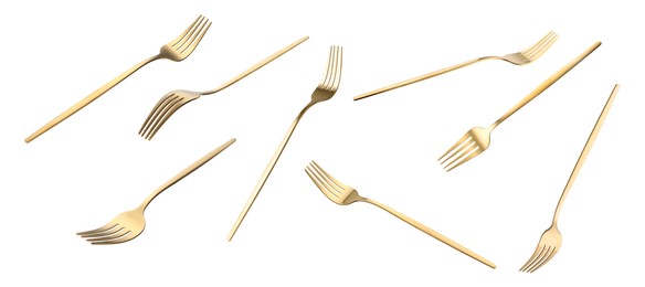 Shiny golden forks isolated on white, set