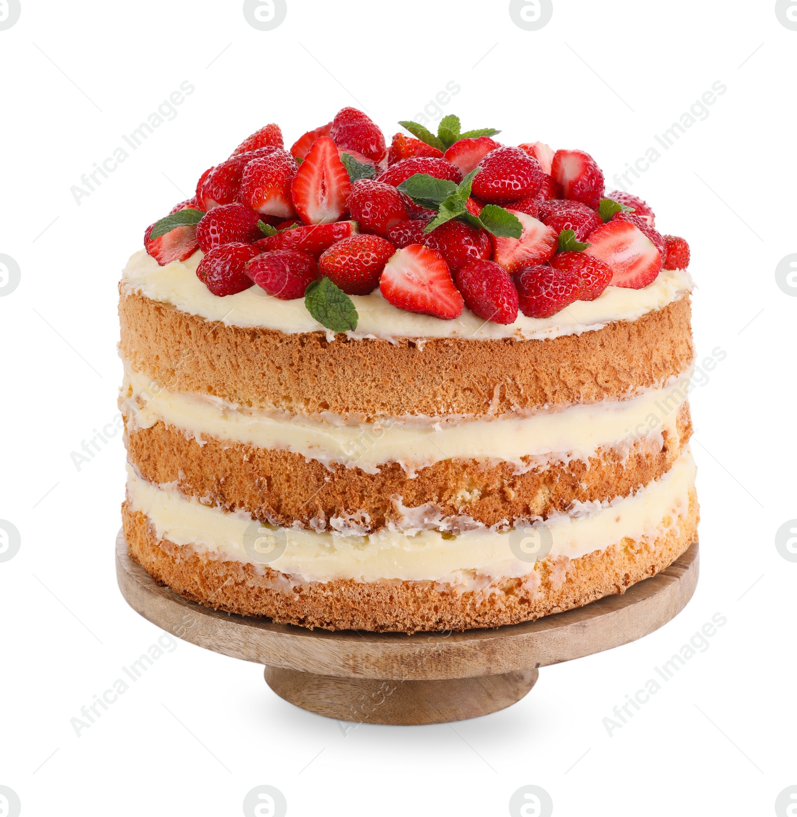 Photo of Tasty cake with fresh strawberries and mint isolated on white