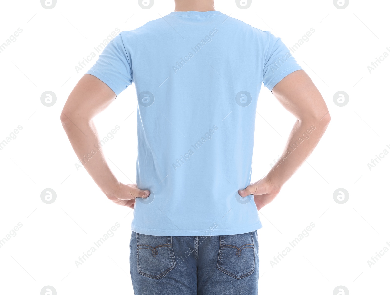 Photo of Young man on white background, closeup. Weight loss