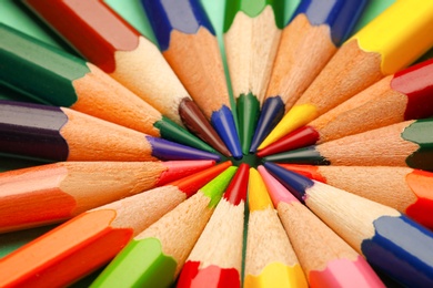 Photo of Collection of different pencils, closeup. Color palette