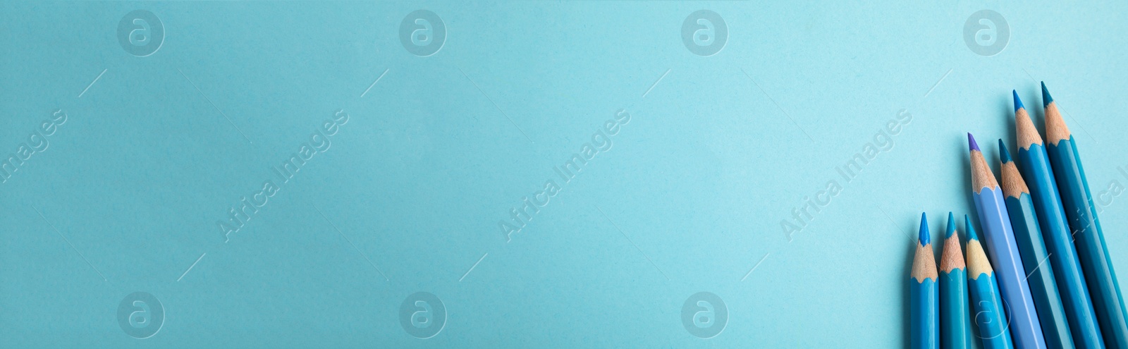 Image of Many color pencils on light blue background, flat lay with space for text. Banner design