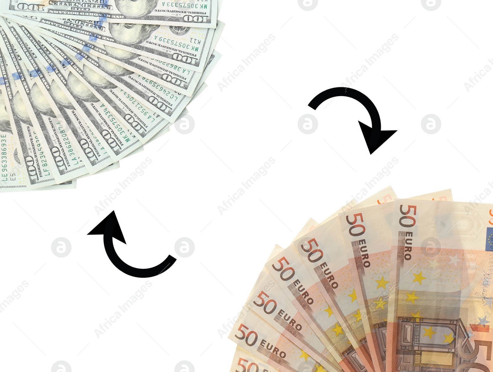 Image of Currency exchange. Semicircle arrows between dollars and euro banknotes on white background, top view