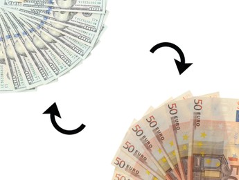 Currency exchange. Semicircle arrows between dollars and euro banknotes on white background, top view