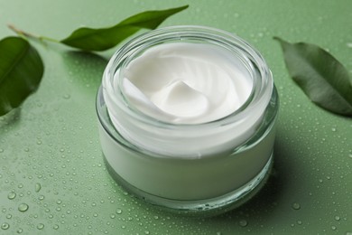 Glass jar of face cream and leaves on wet green surface
