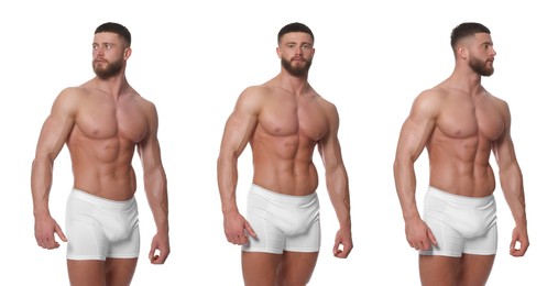 Image of Handsome man in stylish underwear on white background, set of photos