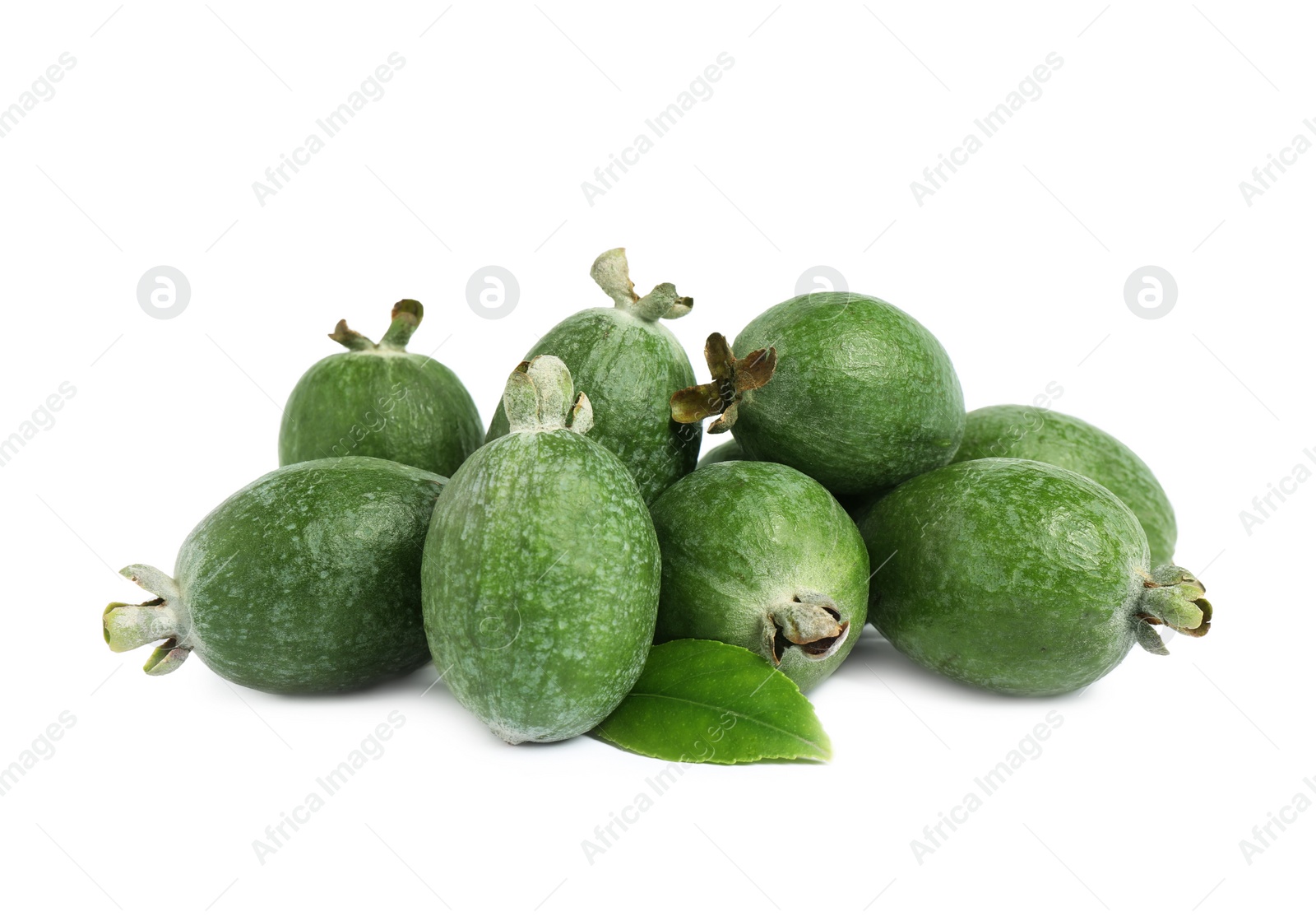 Photo of Pile of feijoas and leaf on white background