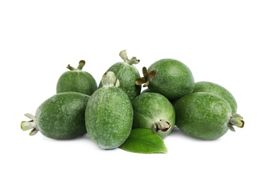 Pile of feijoas and leaf on white background