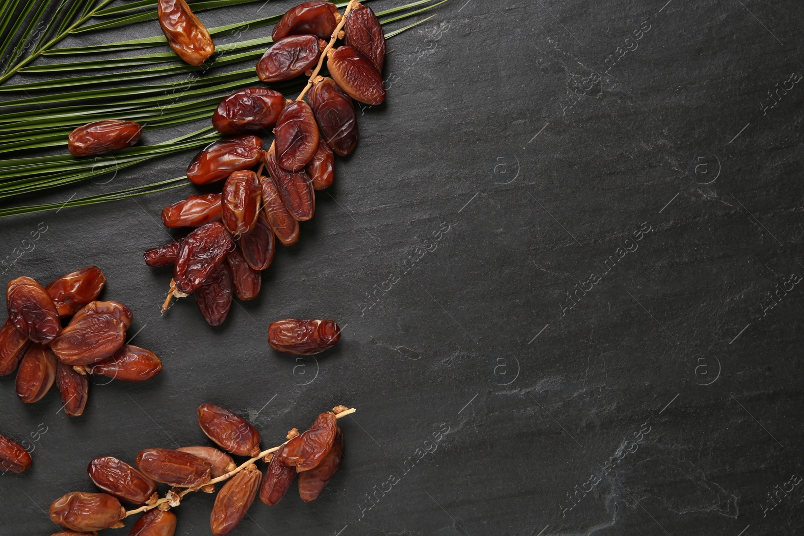 Photo of Branches with sweet dried dates and green leaf on black table, flat lay. Space for text