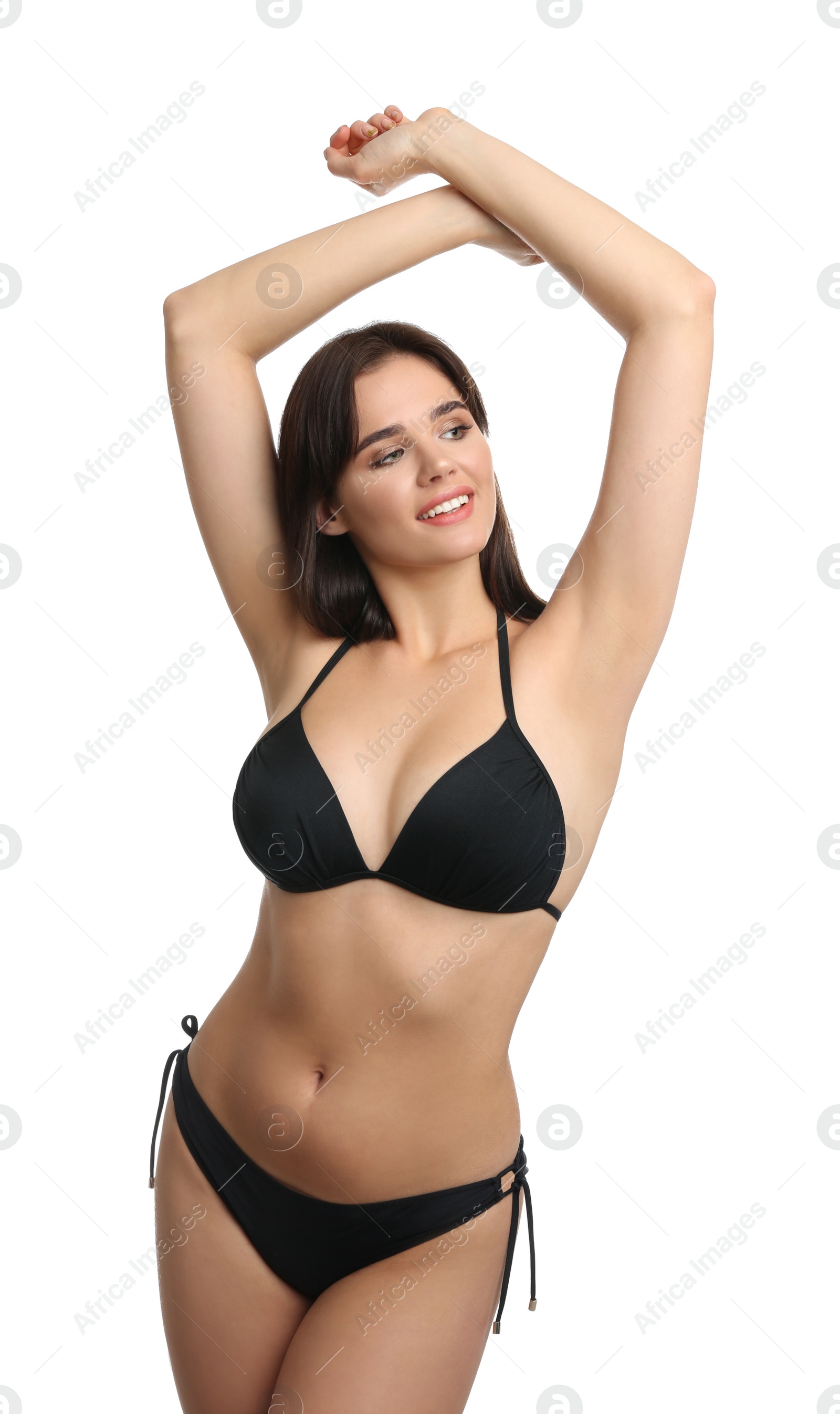 Photo of Beautiful woman in stylish bikini on white background