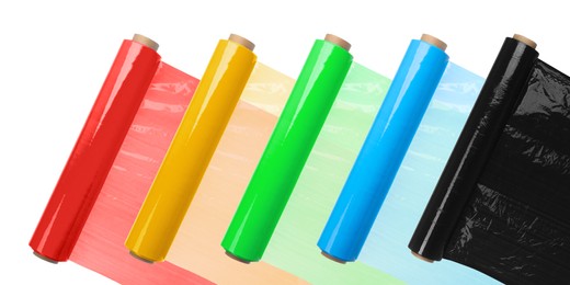 Image of Rolls of colorful plastic stretch wrap on white background. Banner design