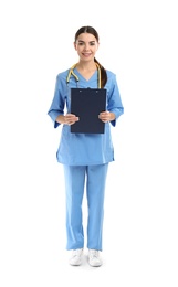 Photo of Full length portrait of medical assistant with stethoscope and clipboard on white background