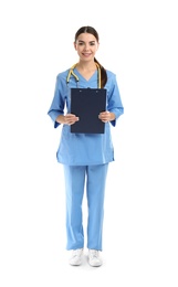 Full length portrait of medical assistant with stethoscope and clipboard on white background