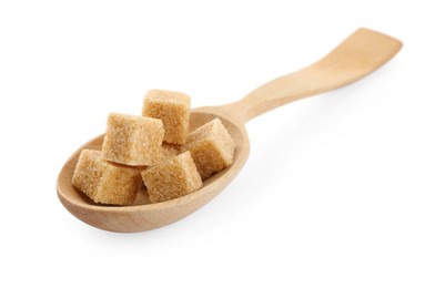 Photo of Brown sugar cubes in wooden spoon isolated on white, closeup