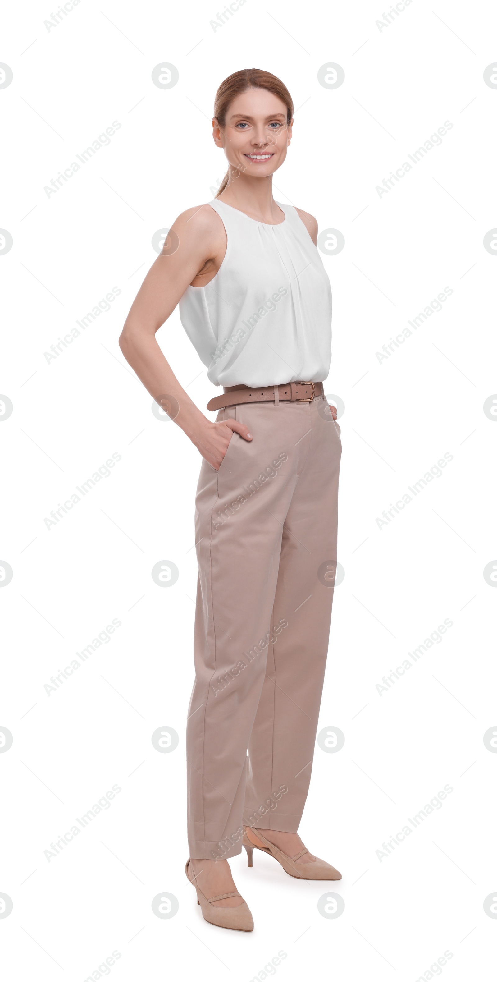 Photo of Beautiful smiling businesswoman posing on white background