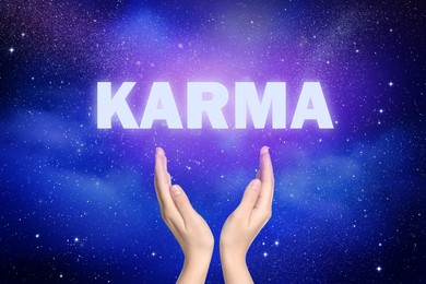 Image of Karma concept. Woman against starry sky in night, closeup of hands