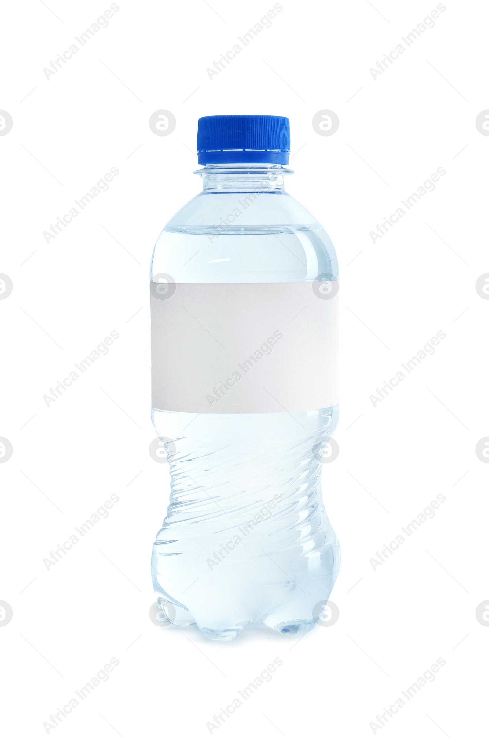 Photo of Plastic bottle of pure water with blank tag on white background